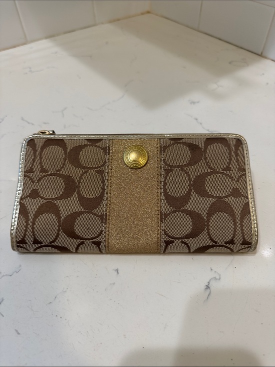 Coach Handbags - Coach Brown Monogram Wallet with Metallic Gold Trim